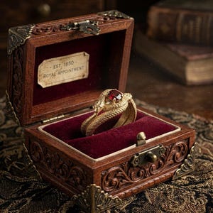 May include: A gold snake ring with a red gemstone sits in an open wooden jewelry box lined with red velvet. The box has ornate carvings and metal corner accents. A small label inside the box reads "EST. 1850 ROYAL APPOINTMENT."