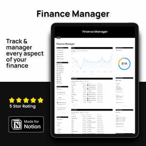 Könnte beinhalten: Ein schwarzes Tablet zeigt eine Finanzmanagement-Oberfläche mit dem Text "Finance Manager". Der Bildschirm zeigt Finanzdaten, Diagramme und die Nachverfolgung von Ausgaben. Das Bild enthält auch den Text "5 Star Rating" und "Made for Notion".