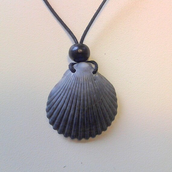 Grey Scallop Seashell Necklace on black cotton string Surf Etsy