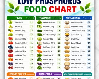 Low Phosphorus Food Chart Printable PDF | Low Phosphorus  Food List | Low Phosphorus Diet Meal Plan | Low Phosphate Grocery List