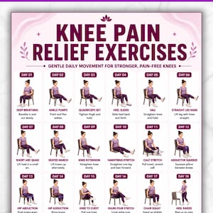 May include: A digital chart titled Knee Pain Relief Exercises featuring twenty-four daily illustrations of a person performing seated and standing movements on chairs. The text includes instructions for each exercise, from Day 01 to Day 24.