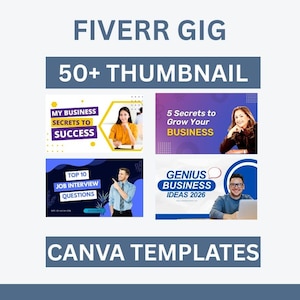 以下が含まれることがあります： 「Fiverr Gig」と「50+ Thumbnail」のテキストが入った、Fiverrギグを宣伝するデジタルグラフィック。画像には、「My Business Secrets to Success」などのテキストを含む4つのサムネイル例が表示されています。
