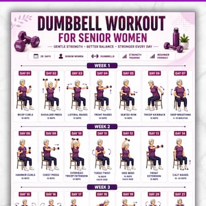 Puede incluir: Una tabla de ejercicios digital titulada DUMBBELL WORKOUT FOR SENIOR WOMEN, que presenta un plan de 28 días con ilustraciones de una persona realizando varios movimientos con mancuernas sentada en una silla. Incluye formatos US LETTER y A4.