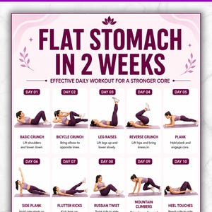 Può includere: Una tabella di allenamento digitale intitolata FLAT STOMACH IN 2 WEEKS con dieci illustrazioni di esercizi quotidiani. Ogni sezione mostra una persona che esegue movimenti come crunch, plank e sollevamenti delle gambe con istruzioni scritte.