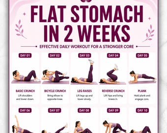Flat Stomach in 2 Weeks Printable Poster | 14 Day Core Workout Challenge | 16 Ab Exercises Chart | Home Core Workout for Women Poster PDF