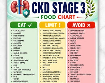 CKD Stage 3 Food List Printable, Stage 3 Kidney Disease Food List, CKD Diet Eat Limit Avoid Chart, Kidney Safe Foods