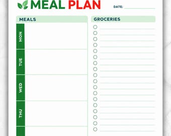 Meal Planner Printable PDF | Weekly Meal Menu Planner | Grocery List Template | Grocery List Menu Plan | Menu Organizer | Diet Planner