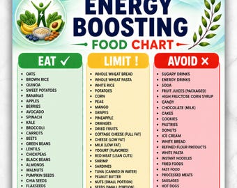 Energy Boosting Food List Printable PDF | Naturally Boost Energy Food Chart |  Energy Boosting Foods | Anti Fatigue Diet