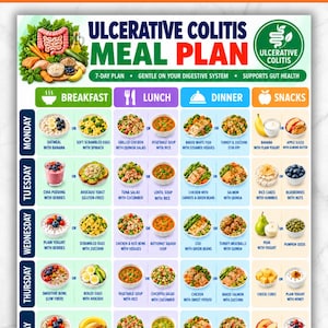 May include: A 7-day ulcerative colitis meal plan chart featuring daily breakfast, lunch, dinner, and snack options with food illustrations. The document includes text headers, a green logo, and labels for US Letter and A4 sizes in PNG and PDF formats.