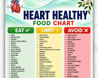 Heart Healthy Food List Printable PDF | Cardiac Diet Grocery List |Meal Planner & Grocery | Heart-Friendly Foods List Cholesterol