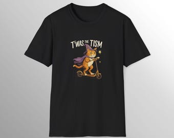 Halloween Witchy Cat T Shirt, Cute Cat on Scooter Tee, Twas The Tism Neurodivergent Design
