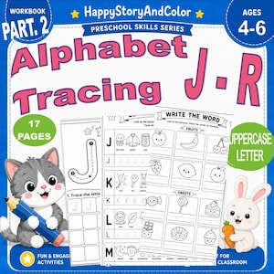 May include: A blue educational workbook cover titled Alphabet Tracing J-R, Part 2, for ages 4-6. It features a cartoon cat holding a blue pencil, a white rabbit holding a carrot, and sample activity pages showing letter tracing and word writing exercises.