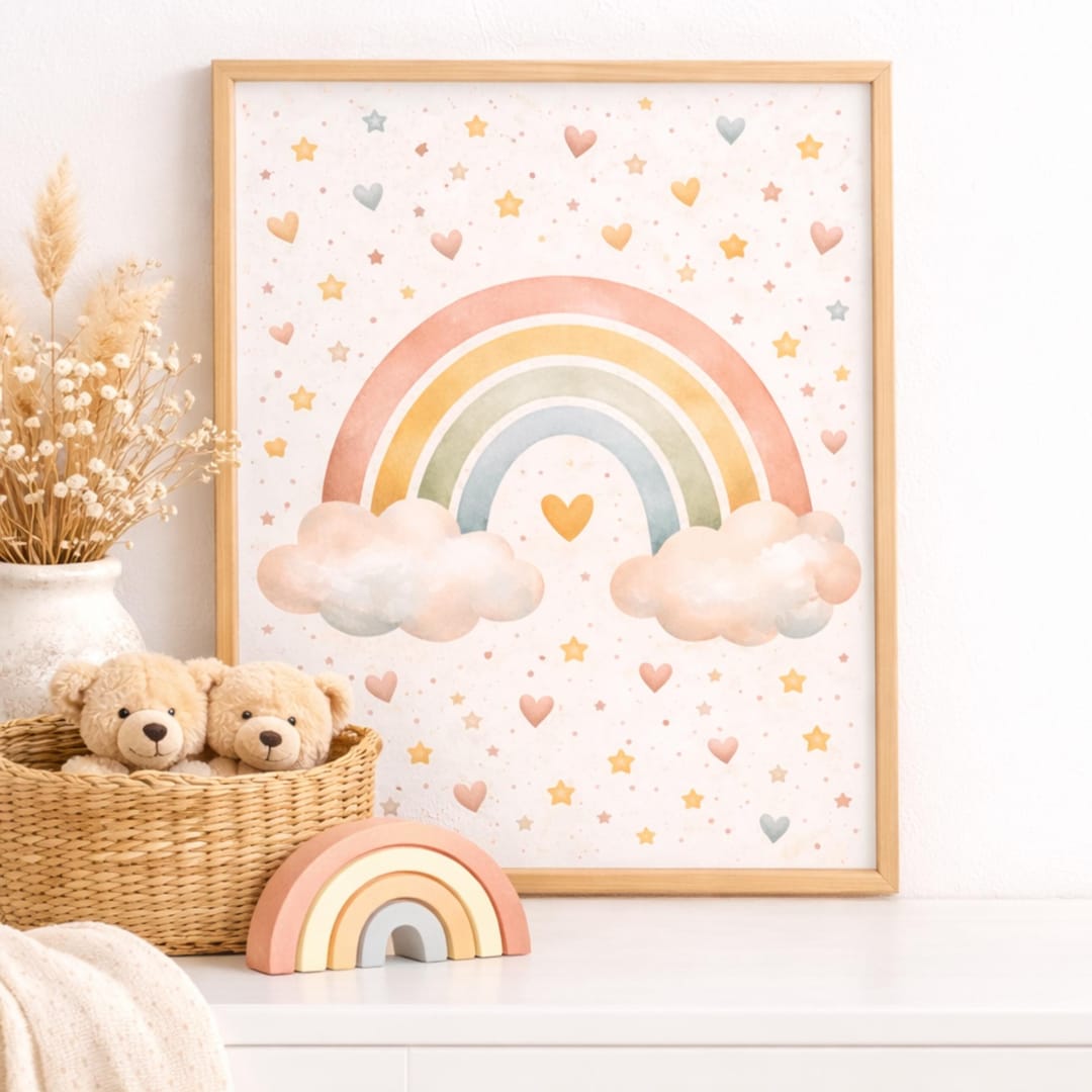 Boho Rainbow Nursery Wall Art, Watercolor Rainbow Clouds Print, Neutral ...
