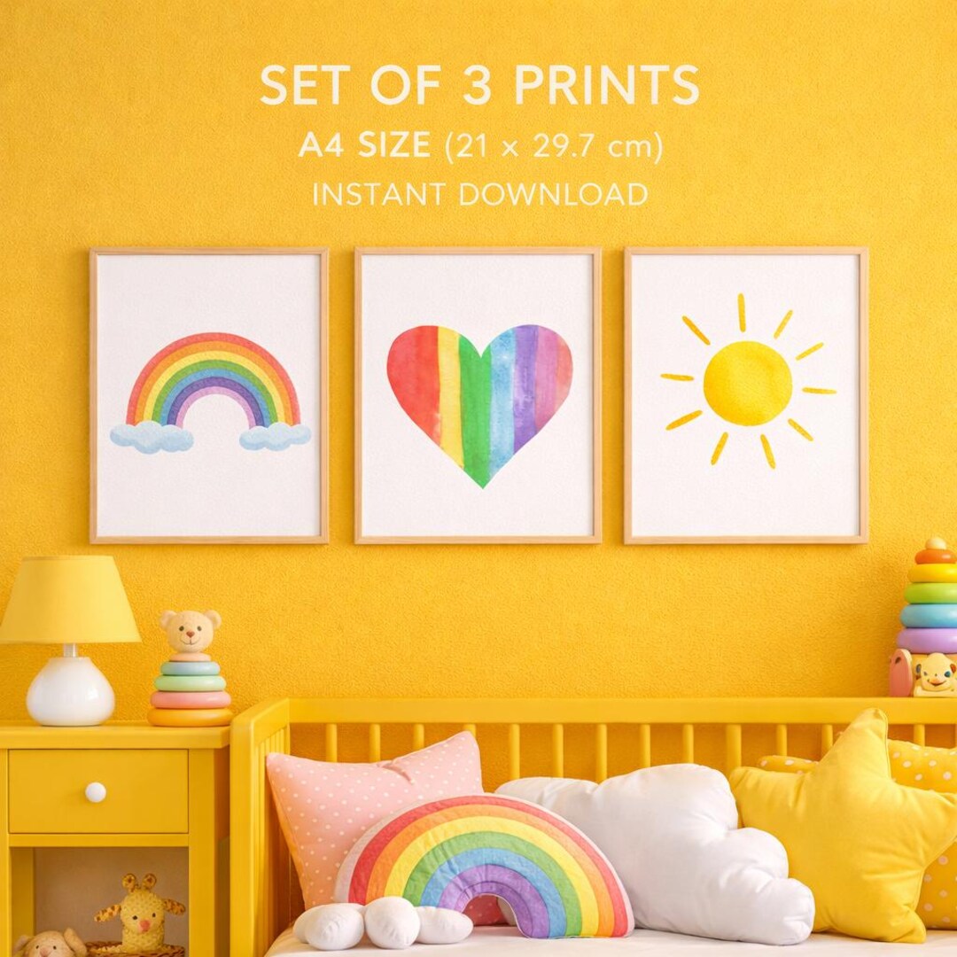 Rainbow Nursery Wall Art Set of 3 Prints, A4 Printable Kids Room Decor ...