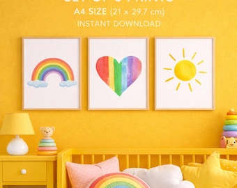 Rainbow Nursery Wall Art Set of 3 Prints, A4 Printable Kids Room Decor, Watercolor Rainbow Sun Heart, Baby Girl Room Decor
