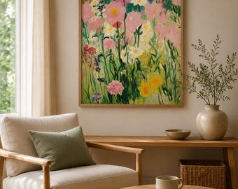 Wildflower Meadow Framed Wall Art, Impressionist Floral Botanical Print, Cottagecore Flower Painting, Pastel Garden Decor