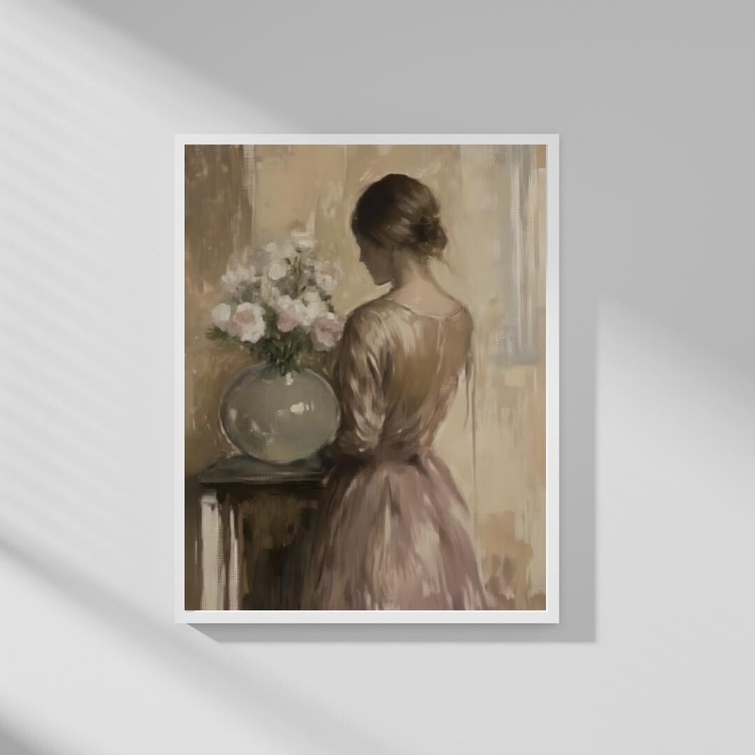 Vintage Female Portrait Art, Interior Scene, Print of Antique Oil ...