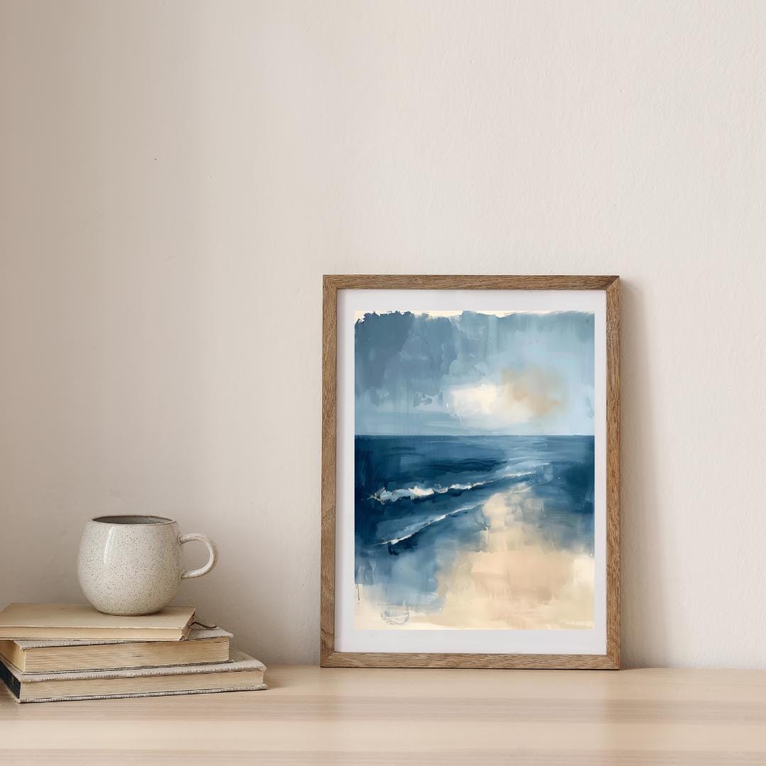 Coastal Seascape Wall Art Poster, Ocean Waves Beach Print, Blue Coastal ...