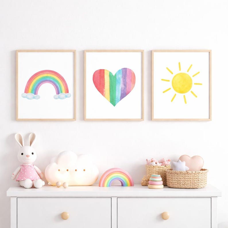 Rainbow Nursery Wall Art Set of 3 Prints, A4 Printable Kids Room Decor ...