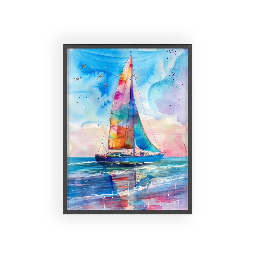 Colorful Sailboat Watercolor Poster Framed, Nautical Wall Art Print ...