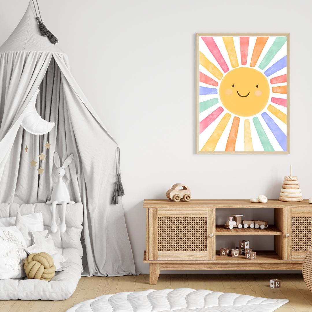 Smiling Sun Watercolor Nursery Print | Rainbow Rays Wall Art - Etsy