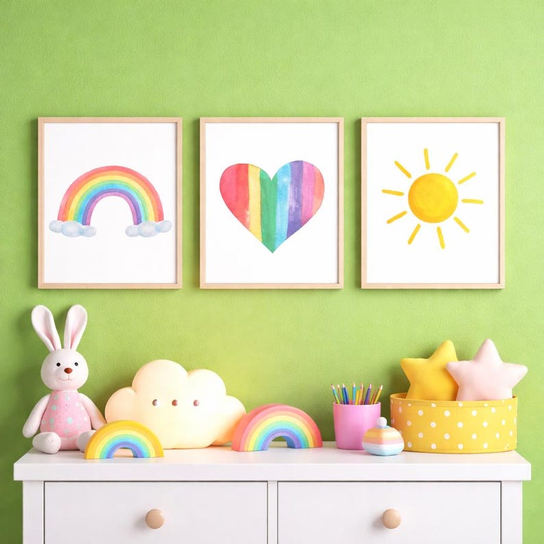 Rainbow Nursery Wall Art Set of 3 Prints, A4 Printable Kids Room Decor ...