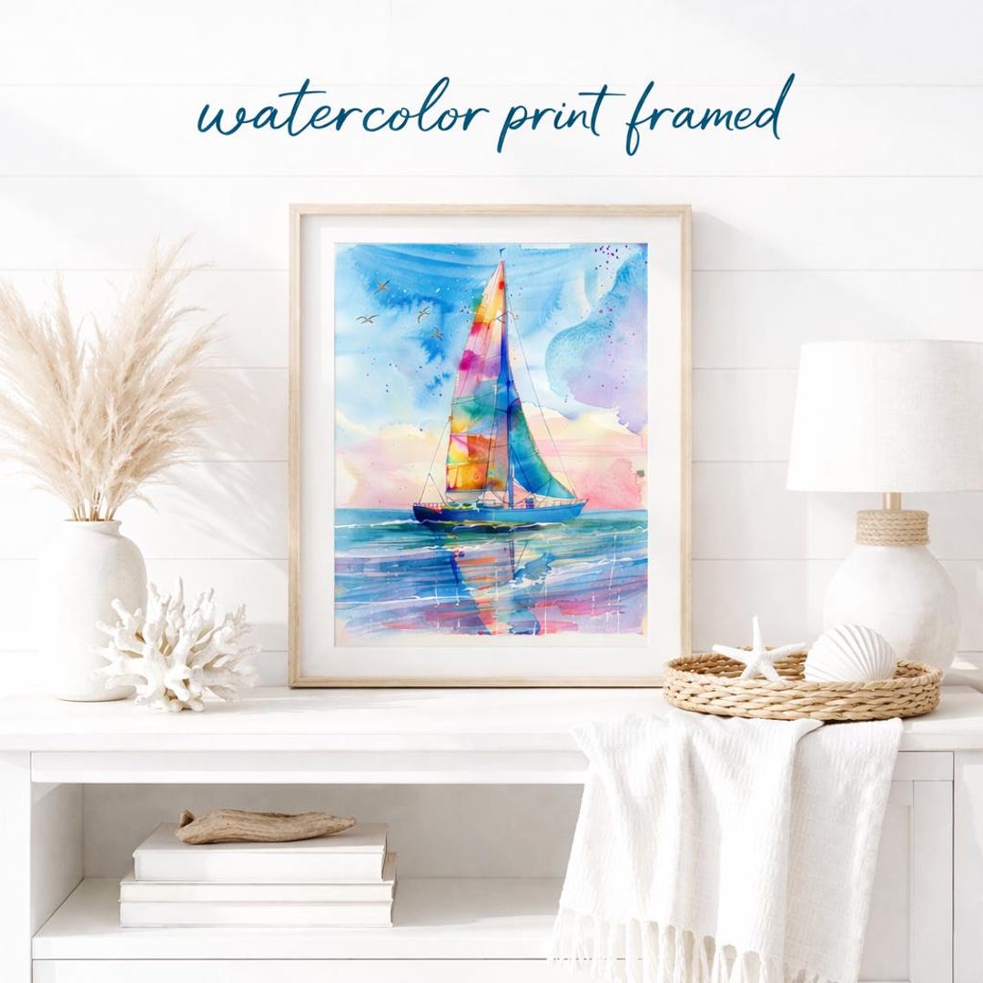 Colorful Sailboat Watercolor Print Framed, Nautical Wall Art, Coastal ...