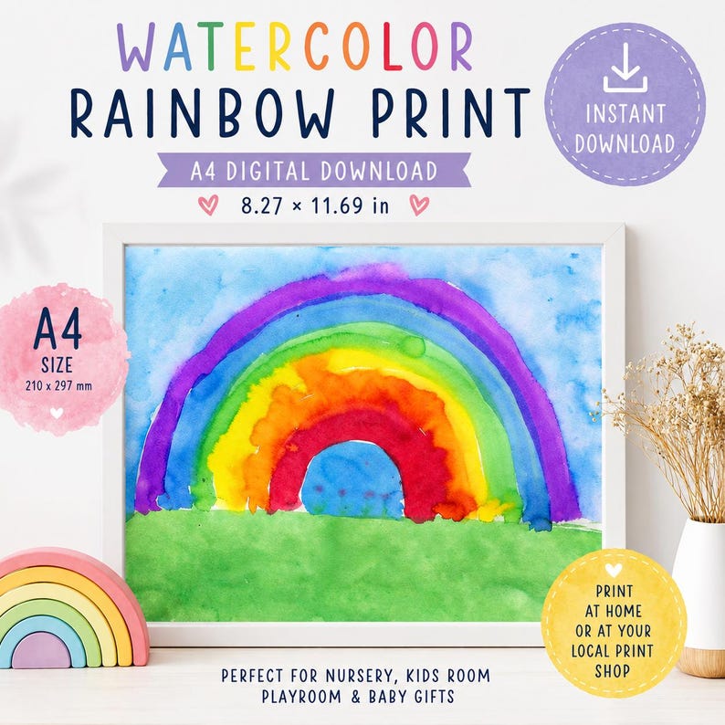 Pastel Rainbow Wall Art Print A4, Boho Nursery Decor, Watercolor ...