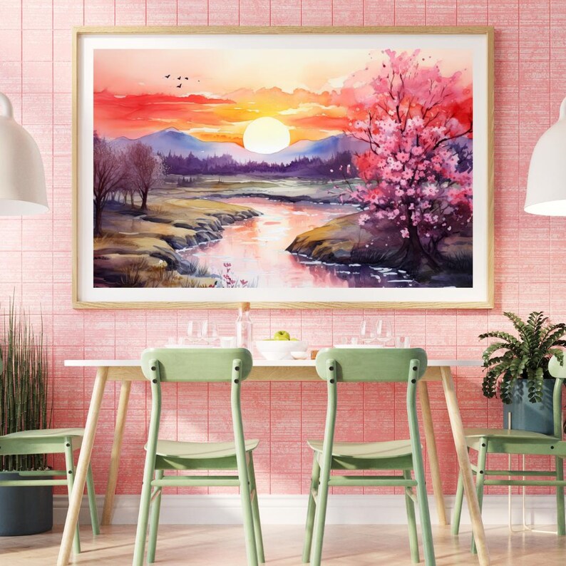 Watercolor Spring Landscape at Sunset Print, Floral Meadow Wall Art ...