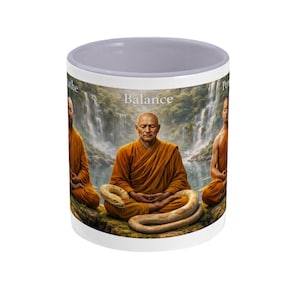May include: White ceramic mug with a pale purple interior. The mug features an image of three monks meditating in front of a waterfall, with the word "Balance" in the centre. A large snake is coiled in front of the central monk.