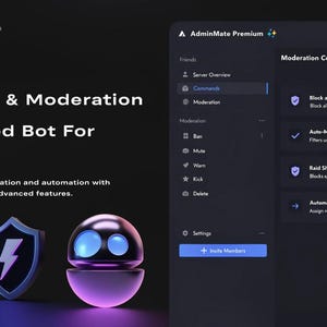 以下が含まれることがあります： 「Automate & Moderation AI-Powered Bot For Discord」のテキストが入った暗い背景。稲妻の盾とロボットが表示されています。インターフェースには、モデレーションコマンドとサーバーの概要が表示されます。