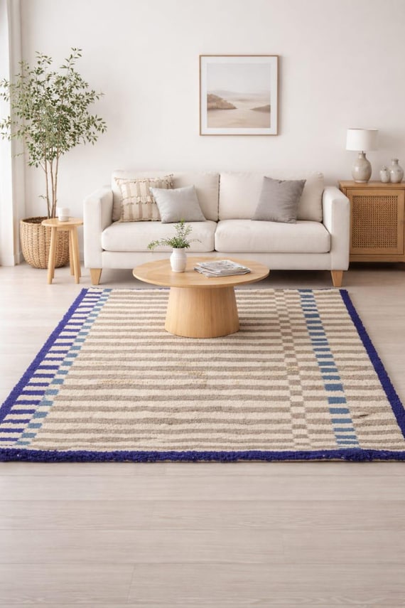 Hand Knotted Wool Rug | Modern Striped Area Rug | Neutral Beige Brown Rug with Blue Border | Artisan Handmade Carpet