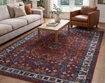 Handgeknüpfter Wollteppich | Rot Blauer Tribal Orientteppich | Vintage Stil Teppich | Traditioneller Handgemachter Teppich