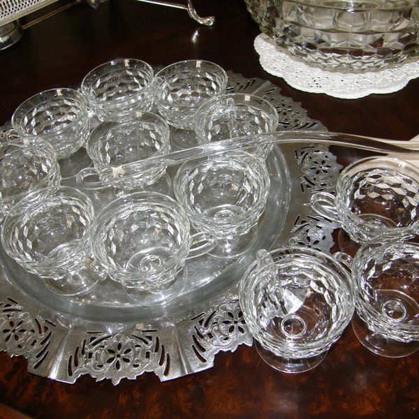 Vintage Punch Bowl Set Glass Ladle and 12 Cups Indiana Whitehall Cubist for Weddings Showers