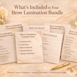 May include: A collection of printed brow lamination forms including a consultation form, consent form, patch test record, treatment record, and aftercare instructions. The documents feature dark brown text on a light beige marble-patterned background.
