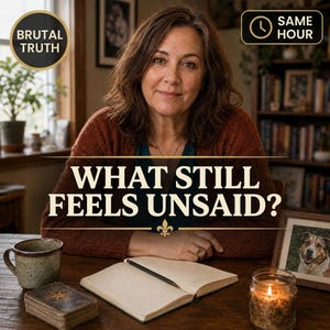 May include: A person sits at a wooden table with an open notebook, a pen, a deck of cards, and a lit candle. Text on the image reads: BRUTAL TRUTH, SAME HOUR, and WHAT STILL FEELS UNSAID? A framed photo of a dog sits on the table near the candle.