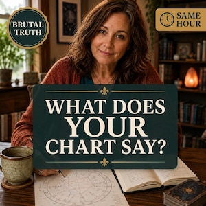 May include: A dark green rectangular sign with gold text reading WHAT DOES YOUR CHART SAY? positioned over a person writing on an astrological chart. The sign features gold fleur-de-lis accents and a gold border. A mug and book are on the table.