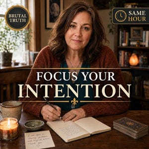 May include: A person writing in an open notebook with a pen, surrounded by a lit candle in a glass jar, a ceramic mug, a small bowl, and a deck of cards. The text "FOCUS YOUR INTENTION" is centred, with "BRUTAL TRUTH" and "SAME HOUR" in corners.