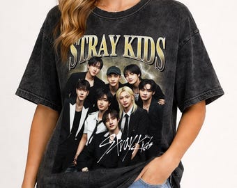Stray Kid Vintage Washed T-Shirt,K-POP Homage Graphic Unisex Long Sleeve, Bootleg Retro 90's Rapper Fans Hoodie Gift