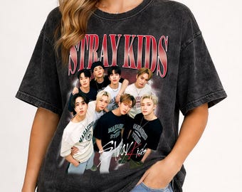 Stray Kid Vintage Washed T-Shirt,K-POP Homage Graphic Unisex Long Sleeve, Bootleg Retro 90's Rapper Fans Hoodie Gift