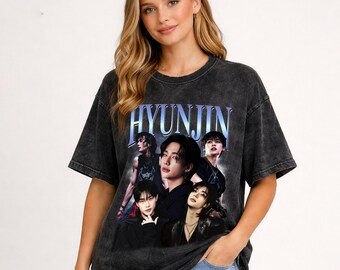 Hyunjin Stray Kid Vintage Washed T-Shirt,K-POP Homage Graphic Unisex Long Sleeve, Bootleg Retro 90's Rapper Fans Hoodie Gift