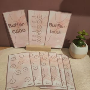 Op de afbeelding: Een set roze en witte kaarten met de tekst "Buffer" en "Buffer bank". De kaarten hebben cijfers en tekst in een vreemde taal. Een klein houten blok en een kleine potplant zijn ook aanwezig.