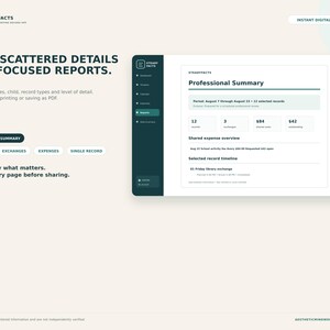 May include: A digital interface for the SteadyFacts co-parenting record app, displaying a professional summary report screen with a dark sidebar, white content area, and text including Turn Scattered Details Into Focused Reports.