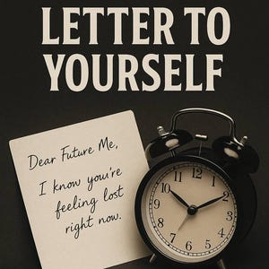 May include: Image features the text "THE 24-HOUR LETTER TO YOURSELF" above a note that reads "Dear Future Me, I know you're feeling lost right now." A black alarm clock sits to the right of the note, with the time showing approximately 10:09.