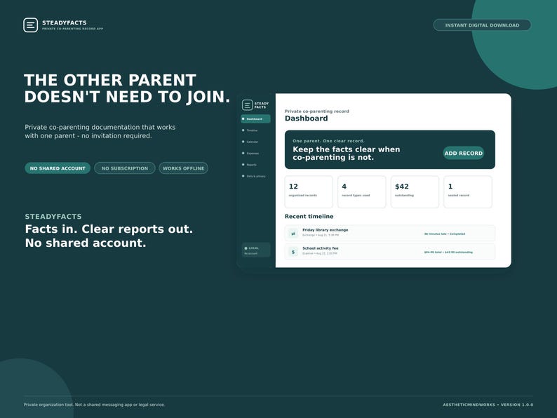 May include: A digital interface for the SteadyFacts co-parenting app on a dark teal background. The screen displays a dashboard with record counts, a timeline, and text stating: The other parent doesn't need to join. No shared account.