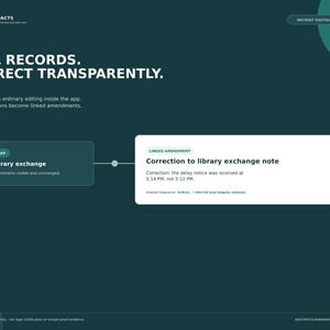 May include: A dark teal digital interface graphic titled SEAL RECORDS. CORRECT TRANSPARENTLY. It displays a workflow diagram with a box labeled SEALED IN APP for a Friday library exchange and a linked amendment box for a correction note.