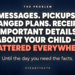 May include: A dark blue graphic with white and coral text that reads: THE PROBLEM. MESSAGES. PICKUPS. CHANGED PLANS. RECEIPTS. IMPORTANT DETAILS ABOUT YOUR CHILD &mdash; SCATTERED EVERYWHERE. Until the day you need the facts. STEADYFACTS at the bottom.