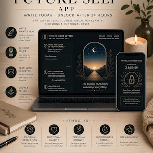 Op de afbeelding: Een digitale interface voor de Letter to Future Self app weergegeven op een laptop en smartphone. Het scherm toont een 24-uurs vergrendelingsmechanisme voor privé dagboekschrijven, met tekst over offline, veilige en private functies voor reflectie.