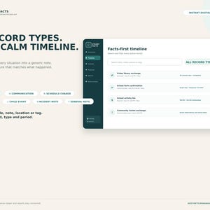 May include: A digital interface for the SteadyFacts co-parenting record app, featuring a dark sidebar and a white main panel displaying a facts-first timeline. The layout includes text headers, record type buttons, and search filter options.