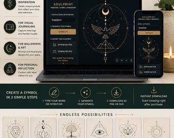 Peut inclure: Une interface logicielle numérique intitulée SOULPRINT affichée sur un écran d'ordinateur portable et de smartphone. L'application génère des symboles personnalisés à partir de mots, avec un thème sombre, des graphiques en lignes dorées et du texte.